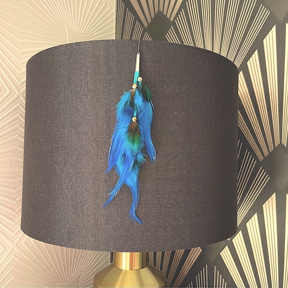 BOHO long single blue feather earring with suede\leather accent, Bohemian Chic‌